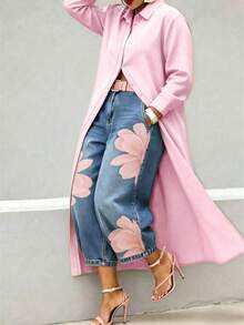 Women's Casual Solid Color Long Sleeve Summer Long Shirt Dress, Button Front Shirt Pink - Pink - View 2