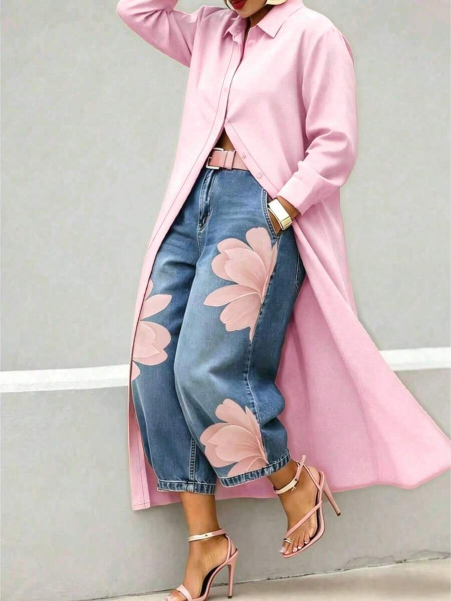 Women's Casual Solid Color Long Sleeve Summer Long Shirt Dress, Button Front Shirt Pink