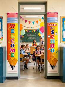 2pcs Pencil Pattern Banner, Back To School Decorations, First Day Of School Decorations, Classroom Decorations, Welcome Back To School Banner, Back To School Season Decorations, Back To School Porch Sign, Banner Decorations, Pencil Welcome Door Sign, Party Props, Baby Shower Party Supplies, Party Supplies - Multicolor - View 3