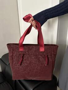 Bolso Tote Grande de Moda Versátil con Textura unicolor Nuevo Bolso Casual Minimalista con Textura Estampado de Leopardo Bolso de Hombro Grande - Burdeos - Ver 9