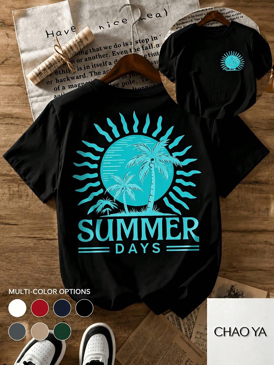 Women's Summer Sports T-Shirt, Retro Sunset Coconut Palm Design, Various Colors Available, Women's Crew Neck Sports T-Shirt, Ideal For Yoga And Running - 黑色 - 查看 1