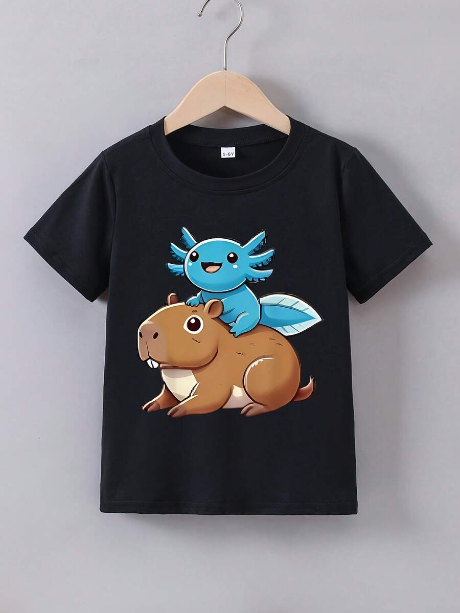 Camiseta de manga corta para niñas con estampado "Axolotl montando un capibara" para el verano - Negro - Ver 1