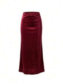 Women's Solid Satin High Elastic Midi Skirt, Elegant A-Line Slip Skirt - Burgundy - View 10
