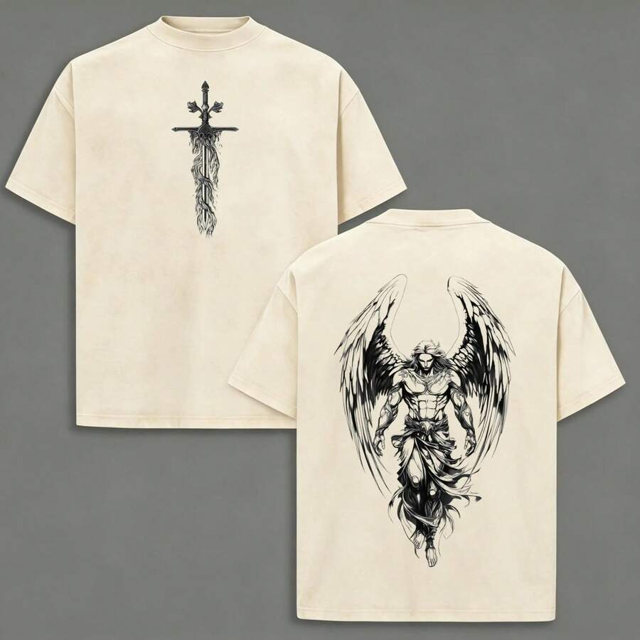 The Angel T-Shirt With Flaming Sword, Washed Christian T-Shirt, Aesthetic Clothing, Scales Of Justice, Jesus T-Shirts, Christian Merchandise, Michael The Angel T-Shirts - 杏色 - 查看 1