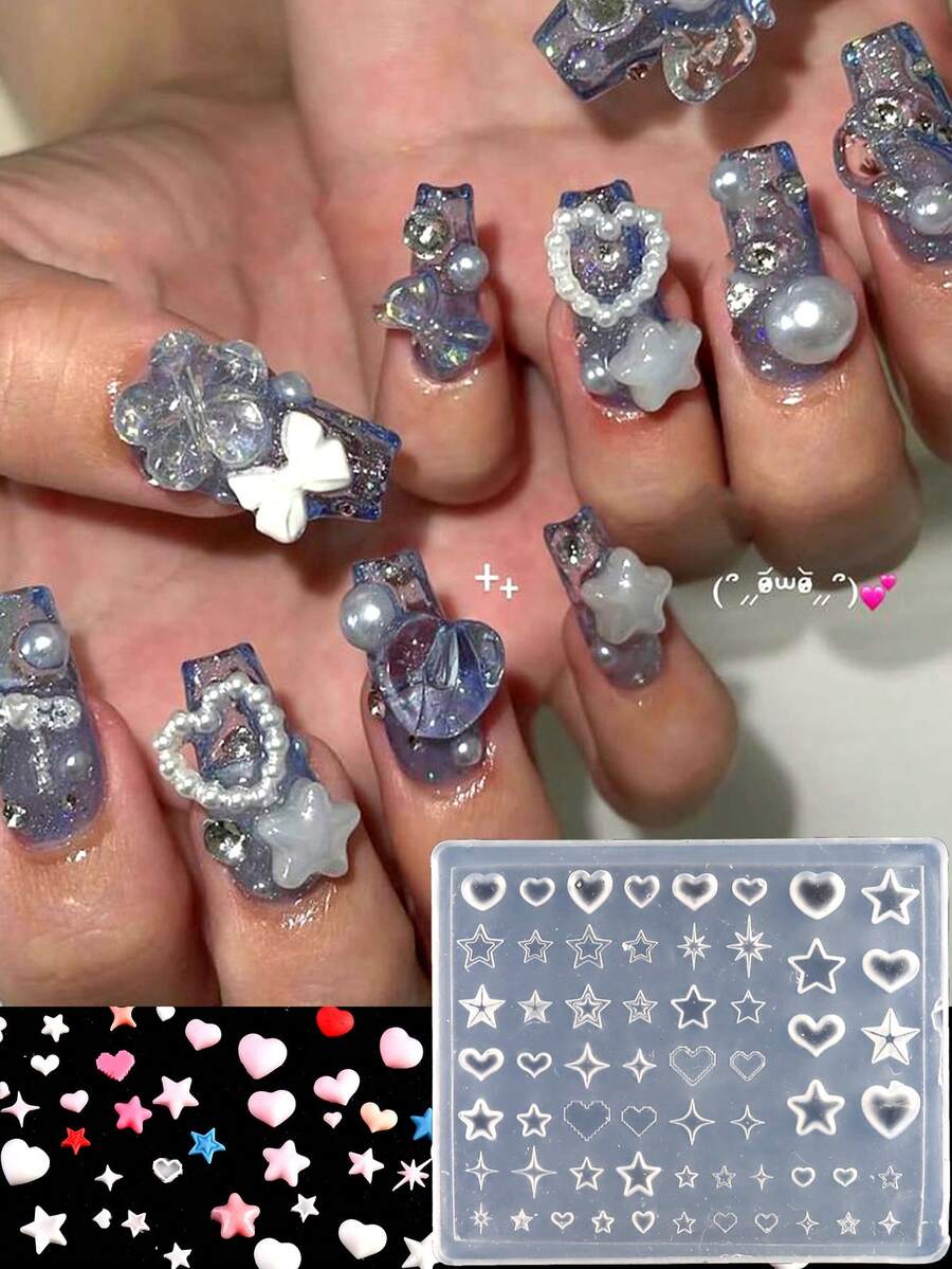 3D星星與愛心矽膠美甲模具,Y2K可愛多尺寸鏤空星星與愛心美甲雕刻模具,DIY壓克力凝膠樹脂美甲裝飾模板,易脫模美甲工具,適用於美甲沙龍與居家DIY美甲師 - 無色 - 查看 1