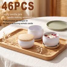 46PCS/Set Candle Making Kit: Features 2.5-Ounce White Tin Candle Containers With Wood-Grain Lids. Versatile For Use In Home Decor, As Candy Tins, Storage Boxes, And More; Perfect For Handmade Candle Crafting. Constructed From Durable Metal. - 6 Empty Candle Jars + 40 Candle-making Accessories - View 1