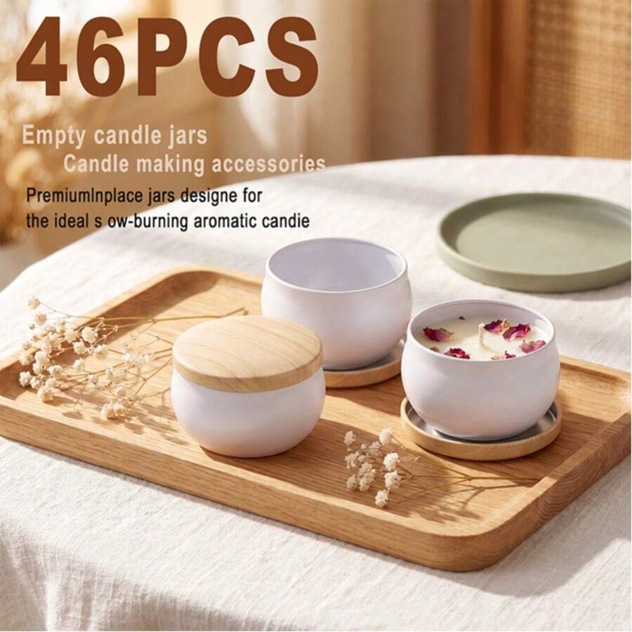 46PCS/Set Candle Making Kit: Features 2.5-Ounce White Tin Candle Containers With Wood-Grain Lids. Versatile For Use In Home Decor, As Candy Tins, Storage Boxes, And More; Perfect For Handmade Candle Crafting. Constructed From Durable Metal. - 6 Empty Candle Jars + 40 Candle-making Accessories - View 1