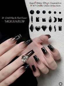 KIRAME 21-Grid DIY Nail Art K9 Glass Black Flat Back Rhinestone Set - 30 High-Gloss Rhinestones Per Grid, Includes 1 Rhinestone Pen, Nail Gems, Nail Salon, Home Manicure, Nail Supplies, Christmas, Summer And Travel Nail Art, Holiday Gift Nail Charms - Black - View 5