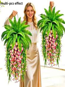 人造吊掛蕨類與花卉植物套組 - DIY 50cm/76cm 仿真綠植，適用於居家花園露台裝飾 (4件組) - 彩色 - 查看 5