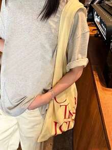 Japanese & Korean Style Niche Design Ins Slouchy Tote Bag, Large Capacity Shoulder Underarm Tote Bag, Letter Print Versatile Shopping Bag - Yellow - View 6