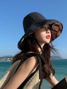 女款雙面花卉印花防曬漁夫帽，夏季防紫外線防風寬帽簷全臉遮陽帽 [無繩] - 顏色 - 查看 4