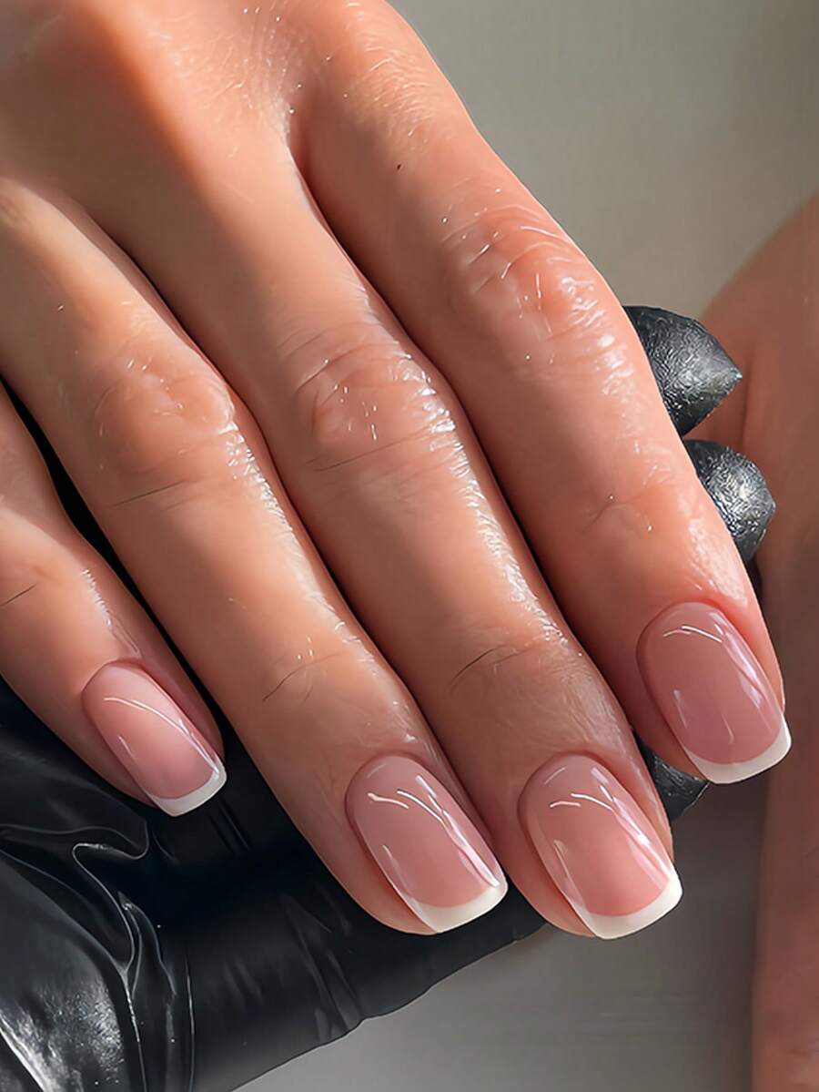 24 piezas de puntas de uñas francesas rectangulares cortas blancas, diseño simple, adecuadas para uso diario; accesorios de uñas artificiales, pegamento de cápsula enviado al azar - Blanco - Ver 1