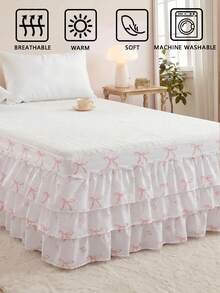 1pc 3-Layer Cute Bow Pattern Bed Skirt, Simple Classic Design, Suitable For Daily Use, Comfortable Breathable Polyester Fabric, All Seasons - Multicolor - View 5