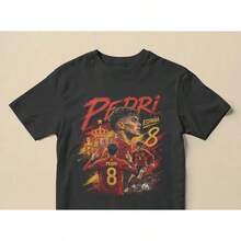 Pedri Spanish Football Street Style Pattern T Shirt,Extra-Large Football Pattern T Shirt,Spanish World Cup2026Jersey,Pedri Jersey,Football Fan Gift - 黑色 - 查看 1