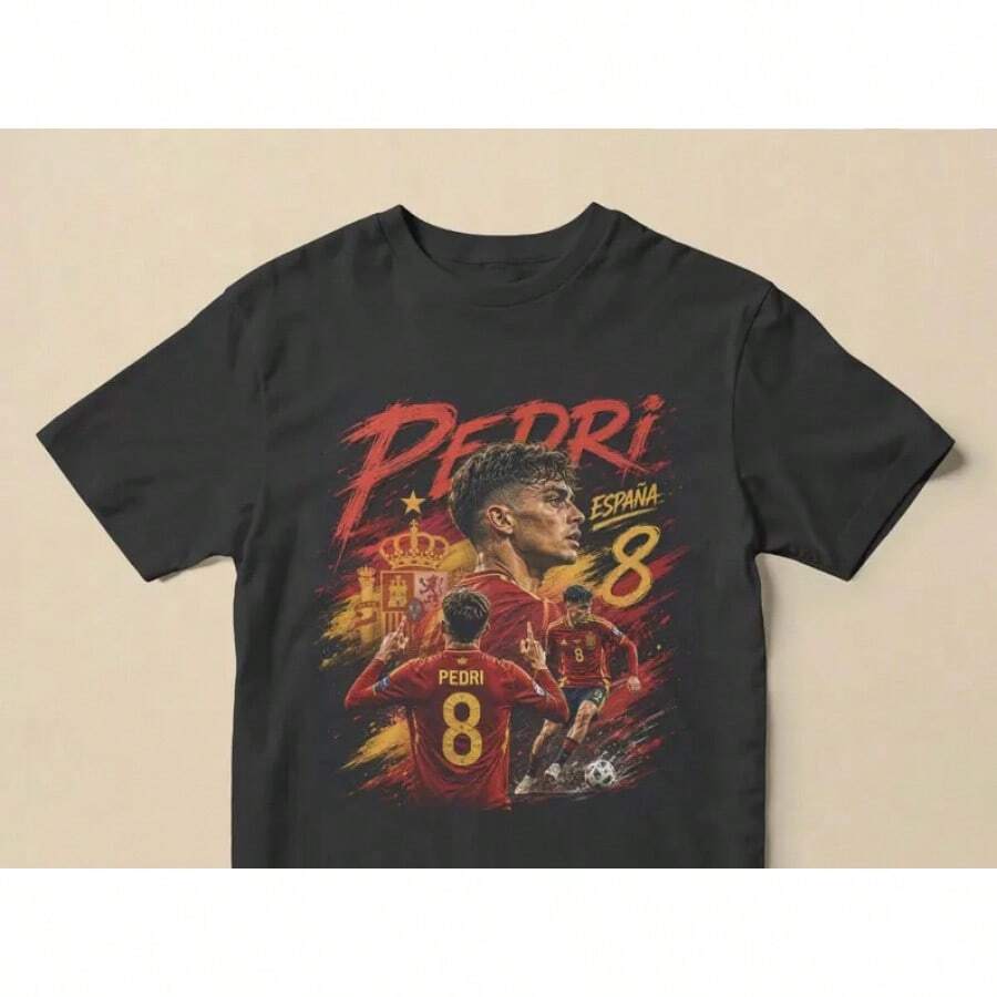 Pedri Spanish Football Street Style Pattern T Shirt,Extra-Large Football Pattern T Shirt,Spanish World Cup2026Jersey,Pedri Jersey,Football Fan Gift - 黑色 - 查看 1