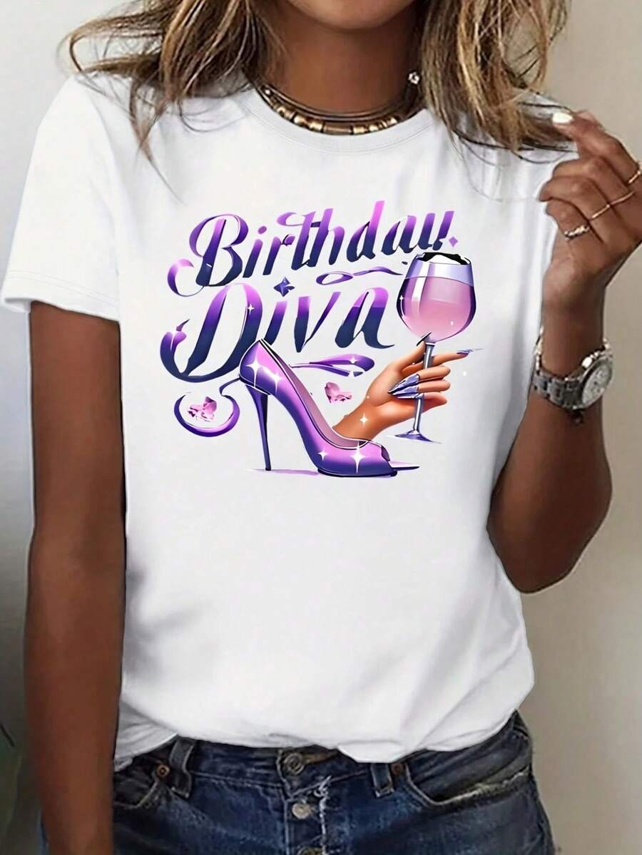Camiseta de mujer "Diva de cumplea￱os" con estampado de tac￳n alto y copa de vino, mor, para uso casual en fiestas y celebraciones - 220g