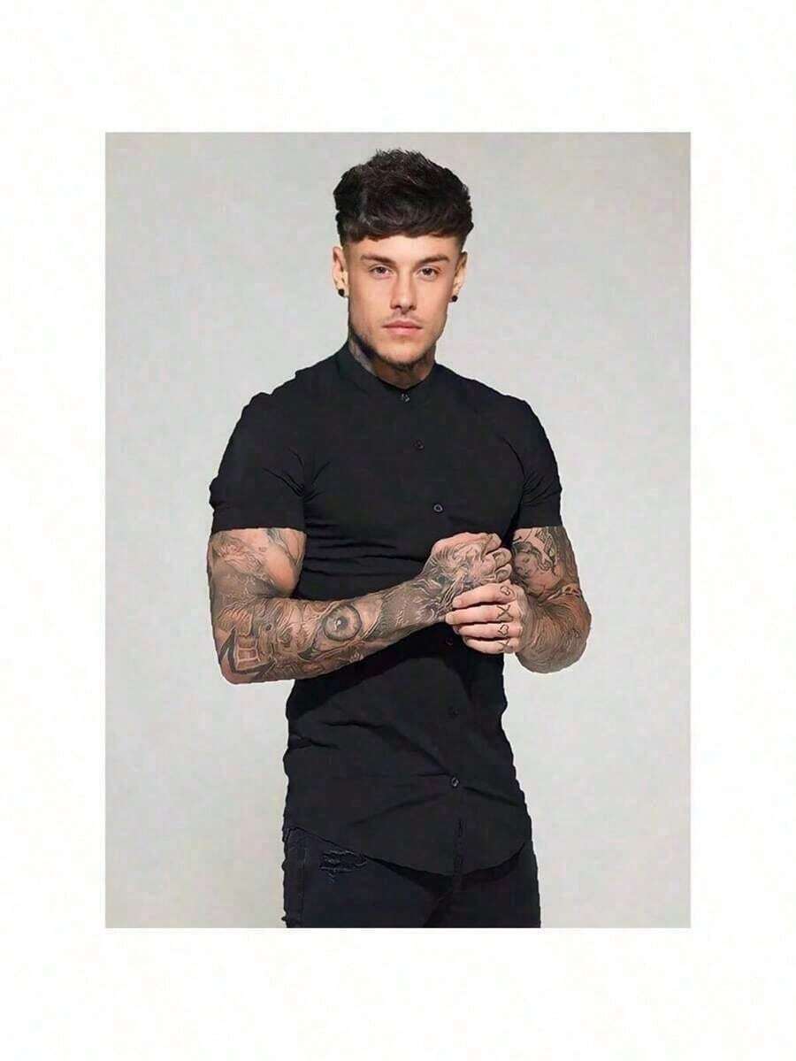 Men's Henley Collar Shirt - Classic And Timeless - preto profundo - Ver 1