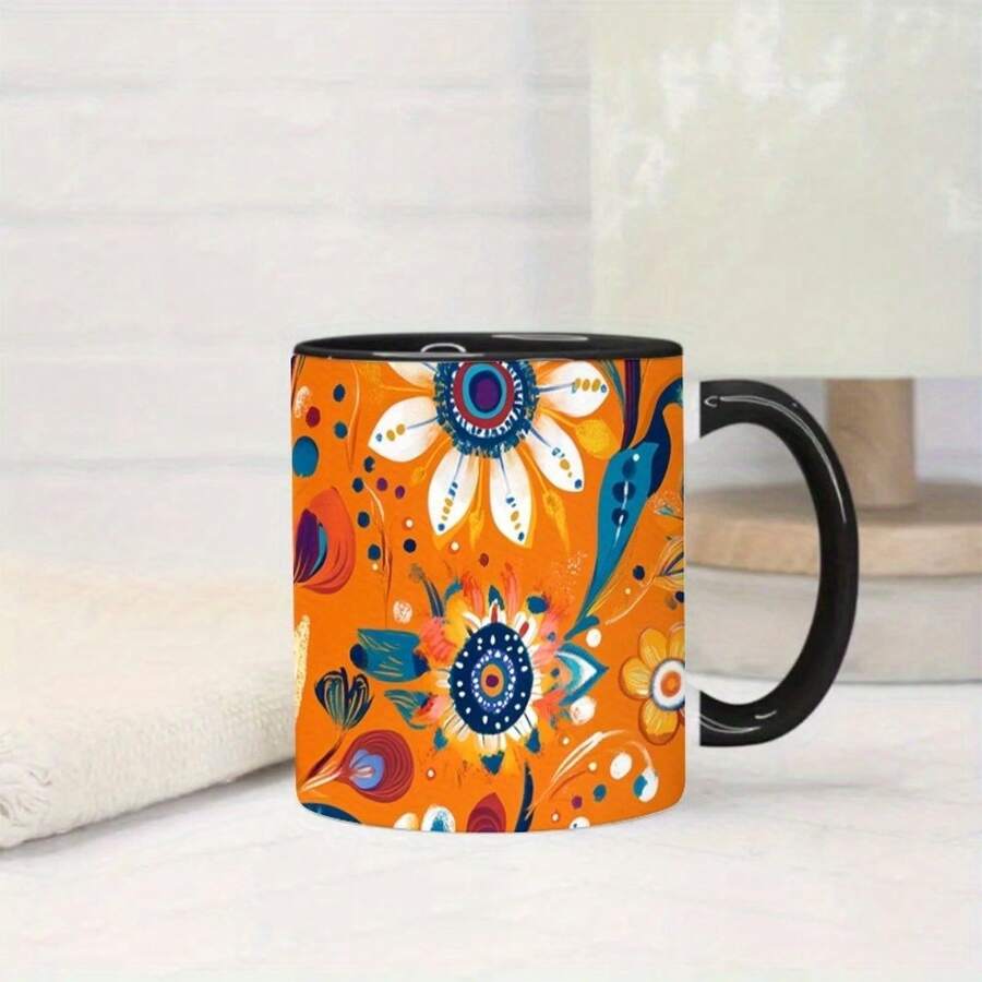 [Se envía en 24 horas desde México]Taza de cerámica floral estilo bohemio de 11 onzas - Naranja vibrante, diseño floral colorido, taza de café de boca ancha, adecuada para campamentos, picnics y como regalo de San Valentín, lavar a mano únicamente. - Imagen 1 pieza - Ver 1