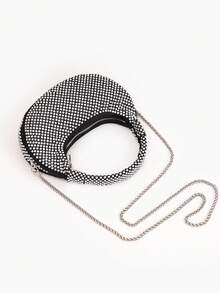 Mini Hobo Bag In A Crescent Shape, Fully Covered In Rhinestones, Integrated Circular Handle With Bow, Zipper, Various Colors, Women's Party, Wedding, Birthday Gift - Burgundy - View 5