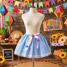 Women's Checkered Skirt For June Festival With Lace, 40cm, One Size, Countryside Look - Blue - View 4