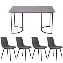 Juego de comedor (5 piezas), mesa de comedor con 4 sillas, juego de mesa de cocina moderno, mesa de cocina de 140*80 cm con patas de metal negro, tablero de MDF gris, sillas de comedor de lino gris oscuro. - Gris - Ver 3