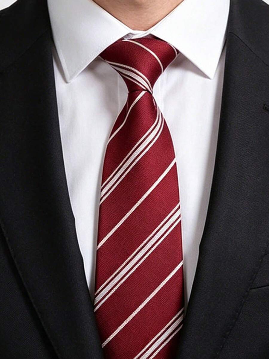1 pieza Corbata de rayas rojas vintage para hombre, corbata clásica y versátil - Rojo - Ver 1
