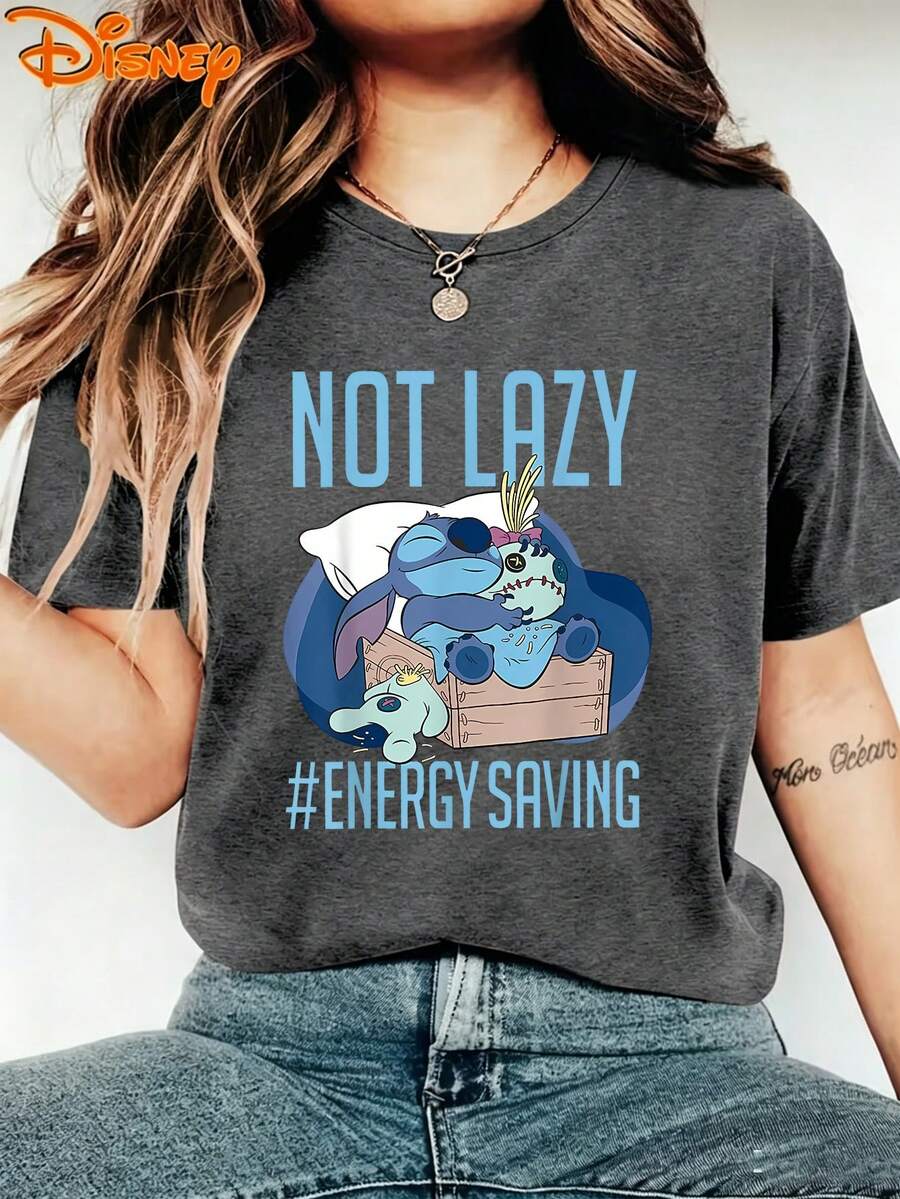 Disney Lilo & Stitch "Not Lazy " Funny Quote Graphic T-Shirt, Unisex Cute Whimsical Disney Casual Tee - 深灰色 - 查看 1