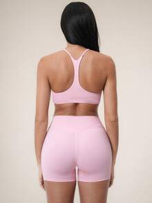 TimeOff 2pcs Women's Fitness Set, Halter V-Neck Y-Back Sports Bra + High Waist V-Stitch Shorts - Pink - View 6