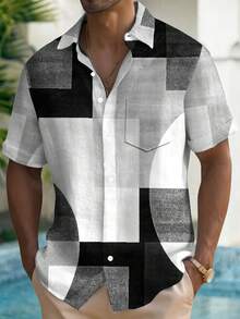 Vintage Geometric Color Block Print Men's Button Pocket Short Sleeve Shirt - Grey - View 1