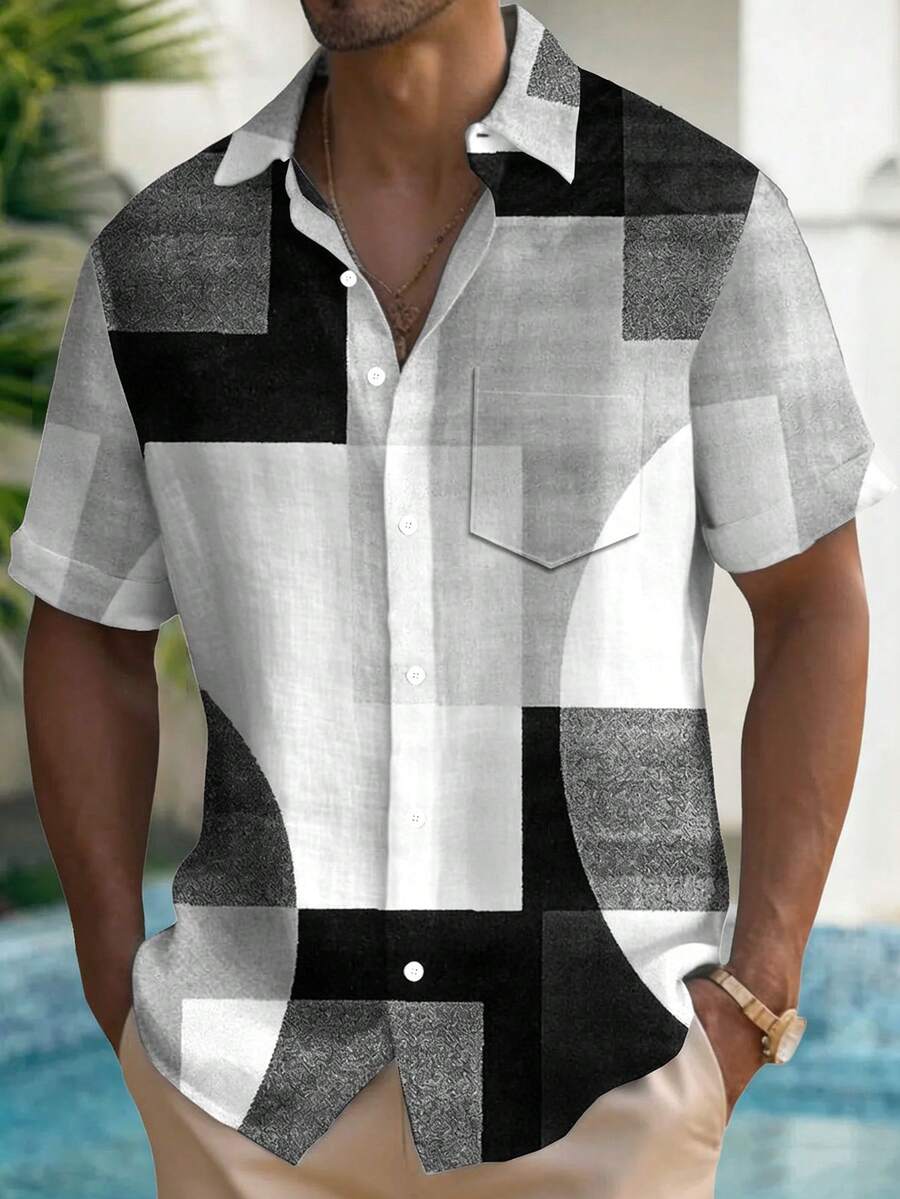 Vintage Geometric Color Block Print Men's Button Pocket Short Sleeve Shirt - Grey - View 1