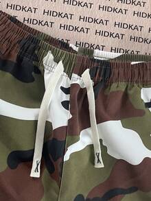 Hidkat 男士夏秋迷彩七分工裝褲，輕量多口袋鬆緊腰抽繩休閒運動長褲，適合日常戶外穿著 - 軍綠色 - 查看 4