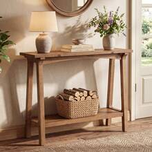 FINMIND 39.4-Inch Small Entryway Table, 2-Tier Solid Wood Sofa Table Behind The Couch - Brown - View 2