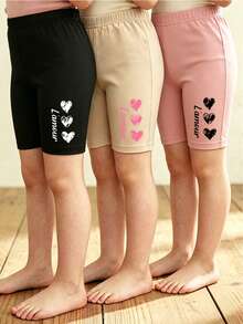 Tween Girls Spring/Summer Casual Versatile 3-Piece Set: Simple Comfortable Heart Print Cycling Shorts And Leggings - Multicolor - View 1