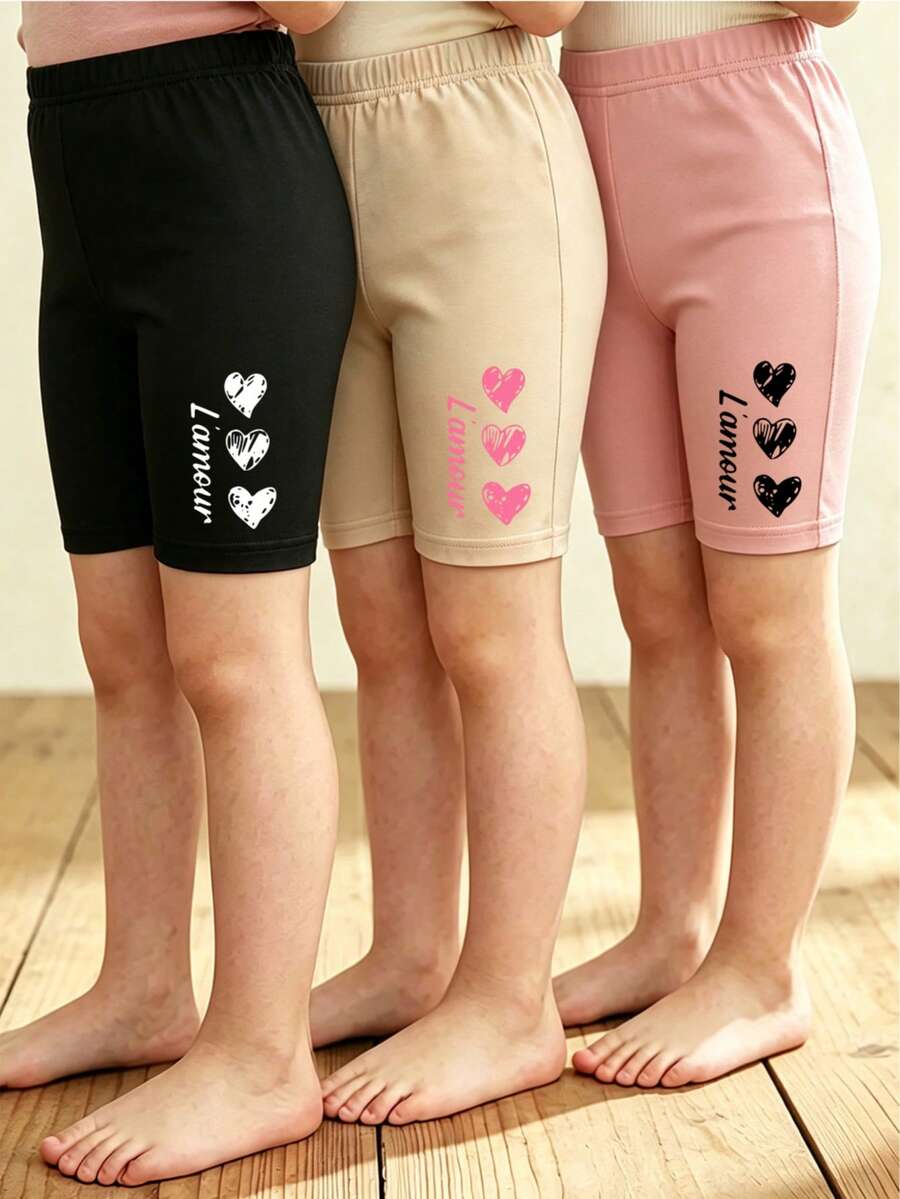 Tween Girls Spring/Summer Casual Versatile 3-Piece Set: Simple Comfortable Heart Print Cycling Shorts And Leggings - Multicolor - View 1