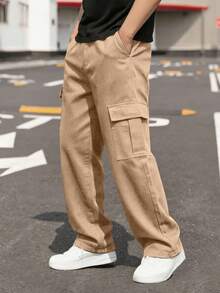 1pc Tween Boys Vintage Minimalist Cargo Pants, Suitable For Workout, Outdoor, Spring/Autumn - Khaki - View 7