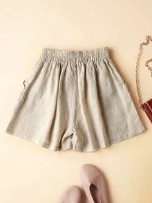 Plus Size Women's Spring Summer Casual Vacation Linen Standing Pocket Elastic Waist A-Line Shorts - Khaki - View 2