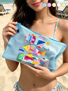 防水海灘彩魚圖案化妝包，彩色網格化妝包，大容量便攜式化妝收納包，透氣海灘盥洗包，夏季熱帶風旅行收納包，多功能盥洗包適用於游泳、度假、大學宿舍、浴室、化妝品、護膚品、配件、文具、海灘用品，可愛學院風，獨特教師節禮物、生日禮物、節日禮物、派對禮物、度假禮物、婚禮禮物及開學禮物 - 彩色 - 查看 3