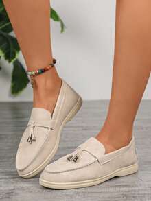 NOBLEARL Women's Fashion Solid Color Round Toe Slip-On Breathable Loafers, Casual Outdoor Tassel Buckle Decor Soft Sole Comfortable Ballet Flats - Beige - View 4