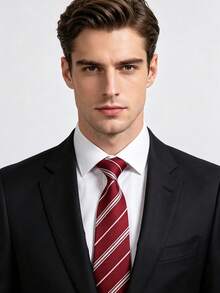 1 pieza Corbata de rayas rojas vintage para hombre, corbata clásica y versátil - Rojo - Ver 2