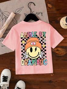 Camiseta de manga corta con cuello redondo y estampado gráfico para niñas, ropa casual de primavera/verano para niños. - Rosa - Ver 1