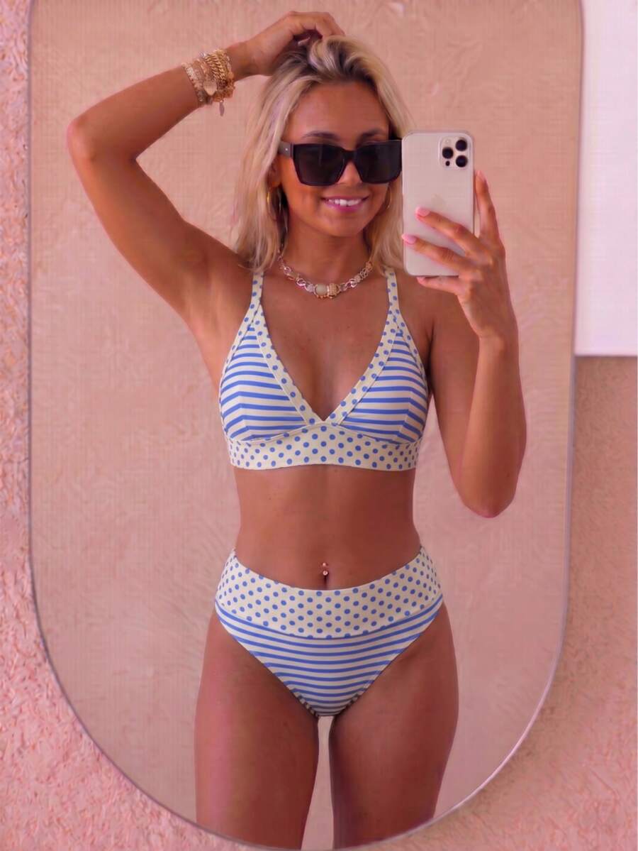 August vacation 夏季優雅女款時尚棕色波點與條紋印花綁帶設計性感比基尼兩件式泳衣 度假海灘 - 海軍藍 - 查看 1