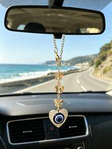 1pc Evil Eye Heart Car Hanging Ornament, Crystal Butterfly Gold Chain Rearview Mirror Pendant, Auto Interior Decor Accessories - Devil Butterfly Chain - View 1