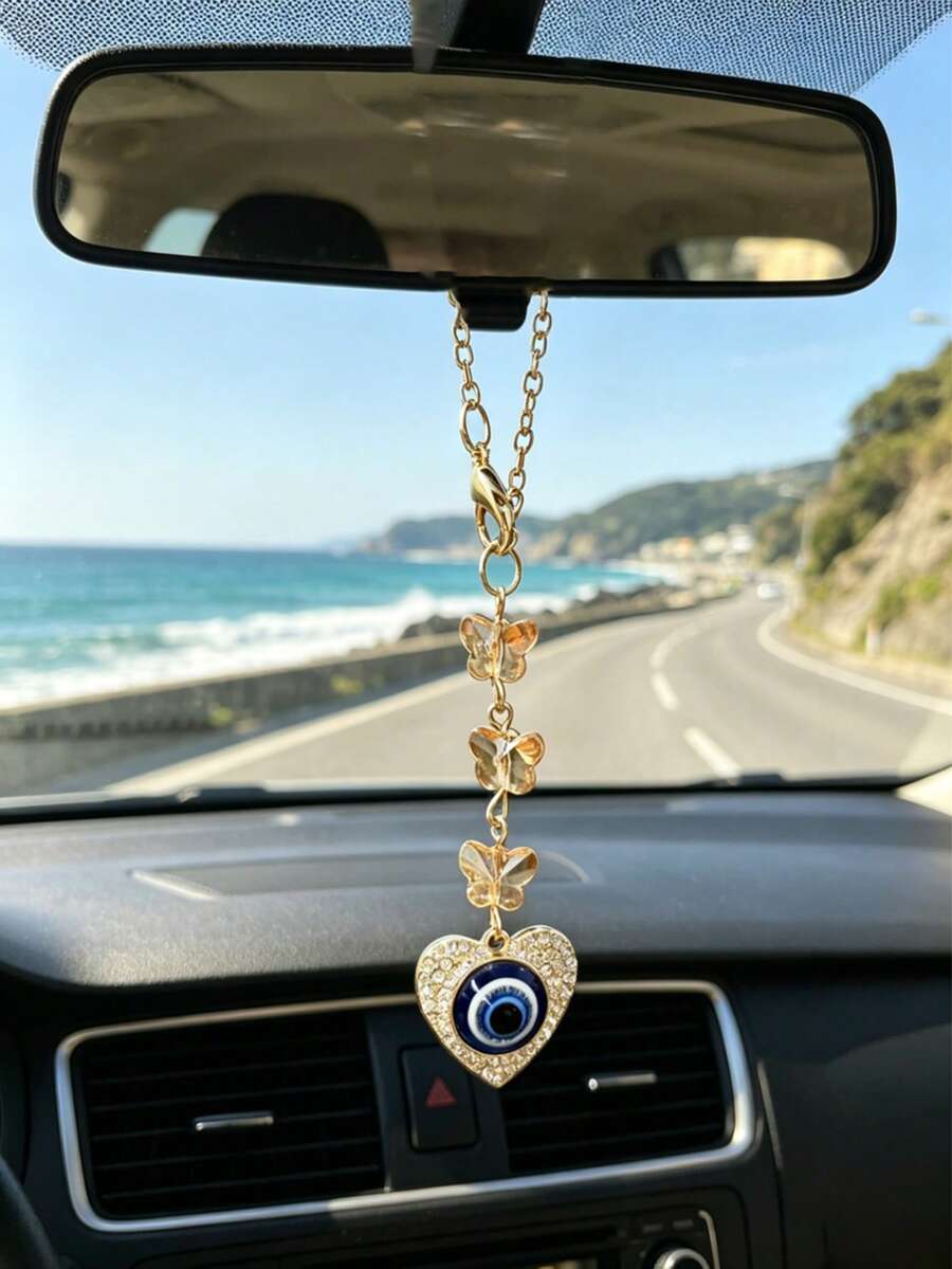 1pc Evil Eye Heart Car Hanging Ornament, Crystal Butterfly Gold Chain Rearview Mirror Pendant, Auto Interior Decor Accessories - Devil Butterfly Chain - View 1