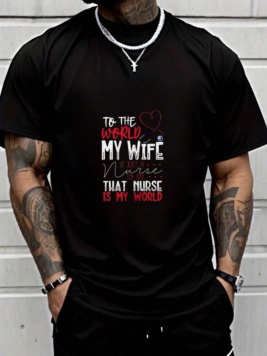 100% Algodón Para El Mundo Mi Esposa Es Mi Enfermera Esa Enfermera Es Mi Mundo Camiseta para Hombre Ropa Camiseta Gráfica - Negro - Ver 1