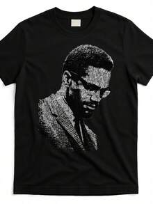 Men's Graphic T-Shirt - Malcolm X Portrait In Black And White, Crew Neck, Short Sleeve, Black With Vintage Band Print, All-Season Comfort, T-Shirt For E - 黑色 - 查看 1