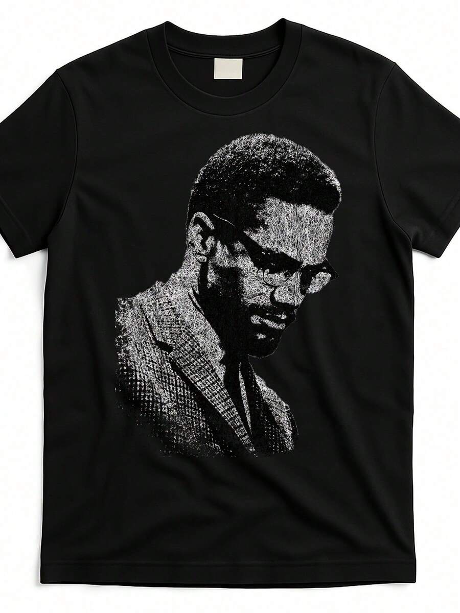 Men's Graphic T-Shirt - Malcolm X Portrait In Black And White, Crew Neck, Short Sleeve, Black With Vintage Band Print, All-Season Comfort, T-Shirt For E - 黑色 - 查看 1