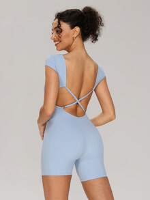 MASKERT Women's Short Sleeve Yoga Fitness Jumpsuit, Stretchy Fitted Swimsuit For Beach & Surfing, Comfortable & Durable For Daily & Holiday Wear Sports - Blue - View 3