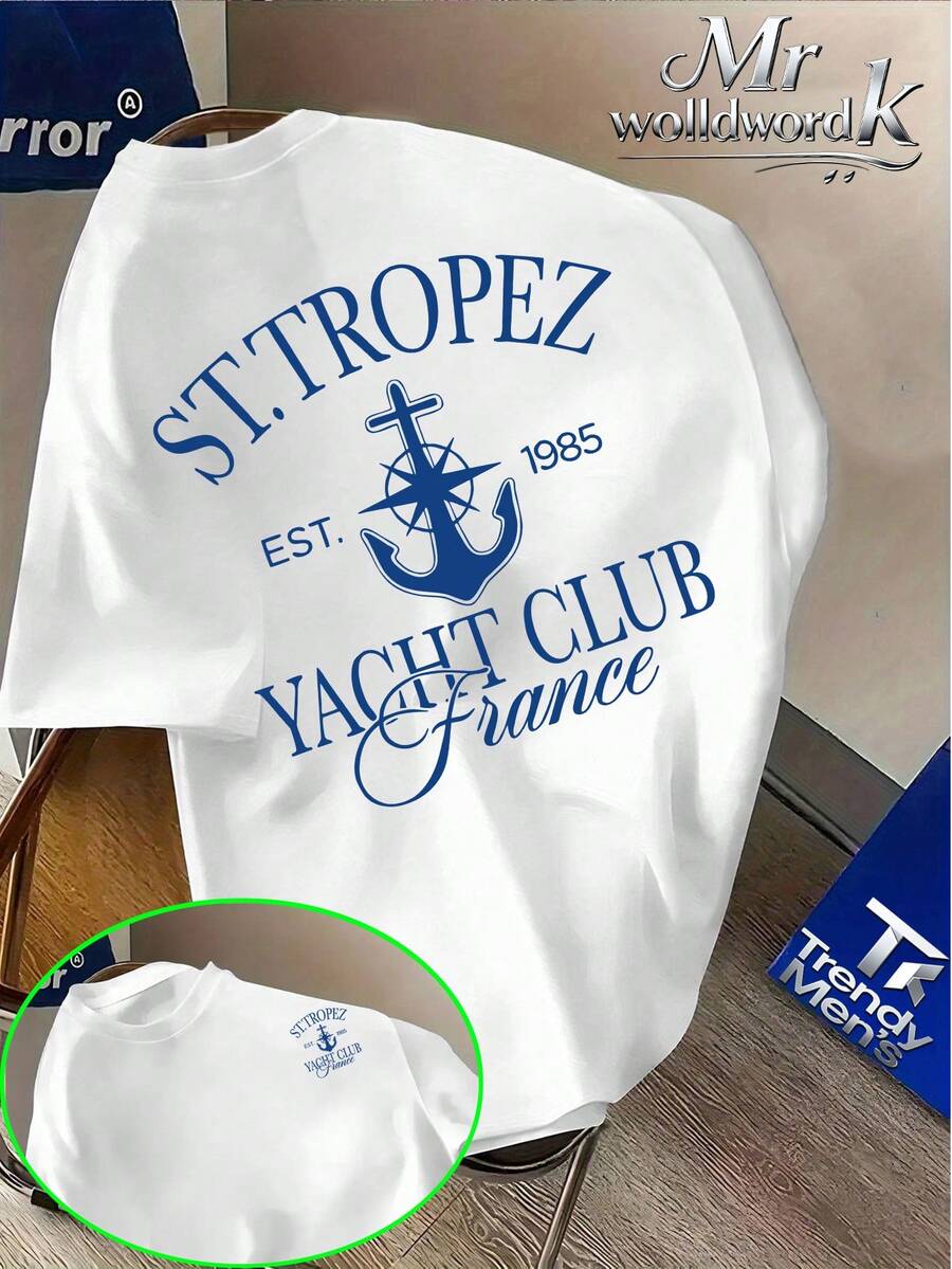 Camiseta de cuello redondo con estampado de ancla , estilo casual de vacaciones, ¡una prenda única y versátil! Camiseta de manga corta con cuello redondo, de punto holgado y casual, - Blanco - Ver 1