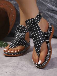 Women's Fashion Polka Dot Comfortable Stitched Buckle Wedge Platform Sandals With Toe Loop Mule Style (Polyurethane Sole With Small Air Holes) Random Pattern - Black - View 3