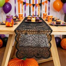 Camino de mesa de Halloween, decoración del hogar de estilo granja y gótico, decoración de mesa para fiesta de Halloween, con borde festoneado y patrón de telaraña de malla transparente, producto de decoración del hogar de temporada para interiores/exteriores - Varios estilos - Ver 5